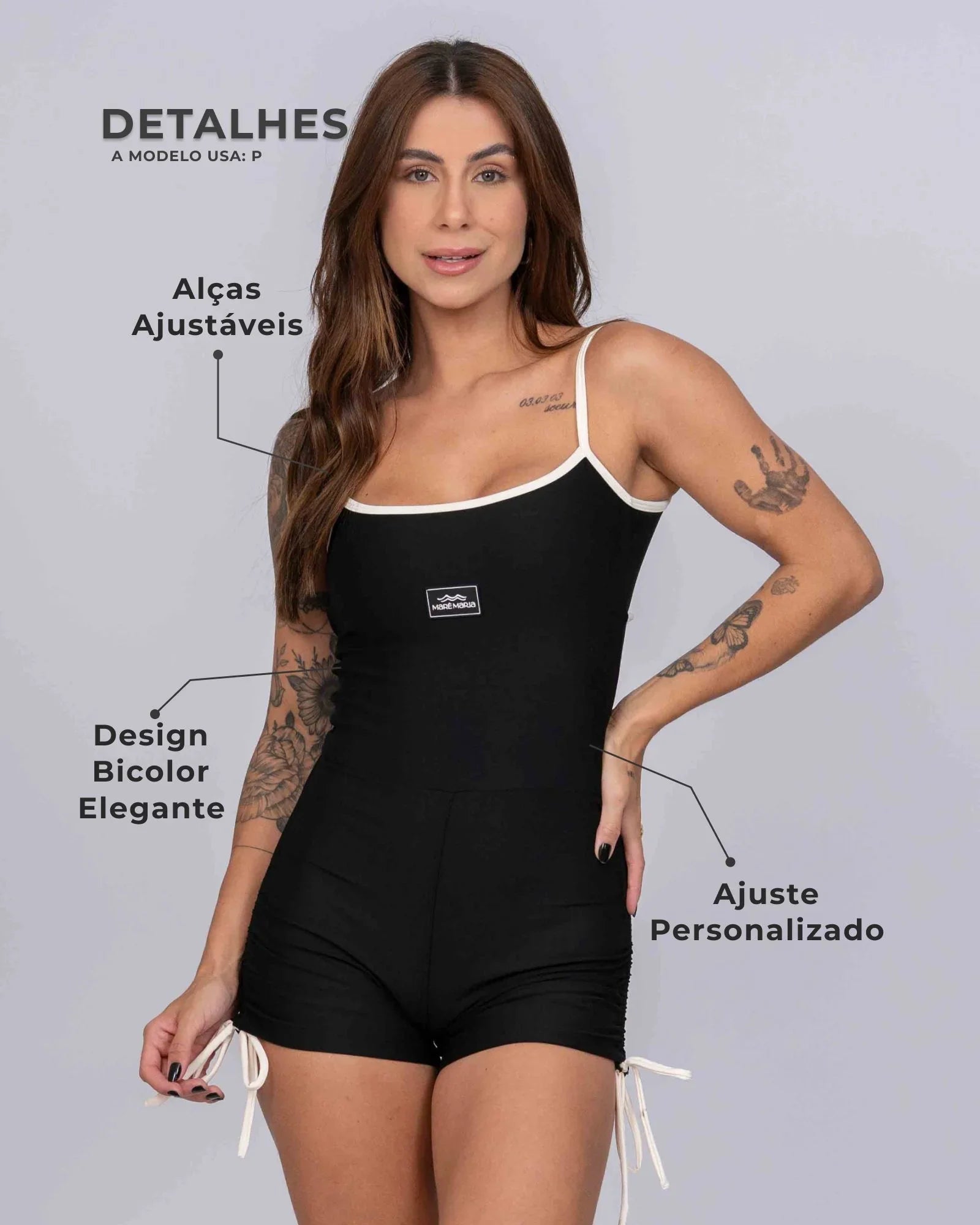Macaquinho Fitness new Pérola Super Black e viés Off White empina bumbum