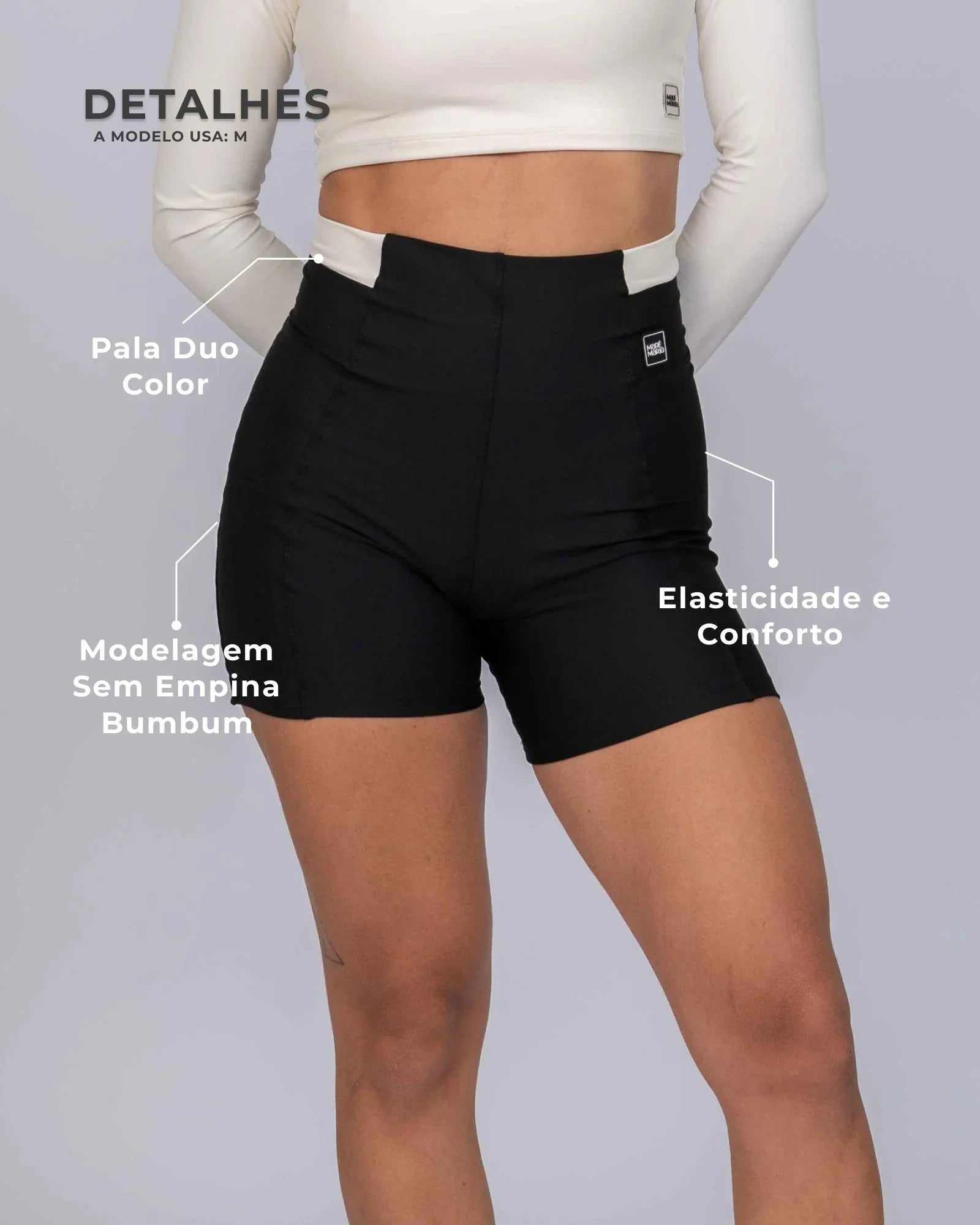 Short Fitness Classic Duo Super Black com Off White com compressão sem empina bumbum