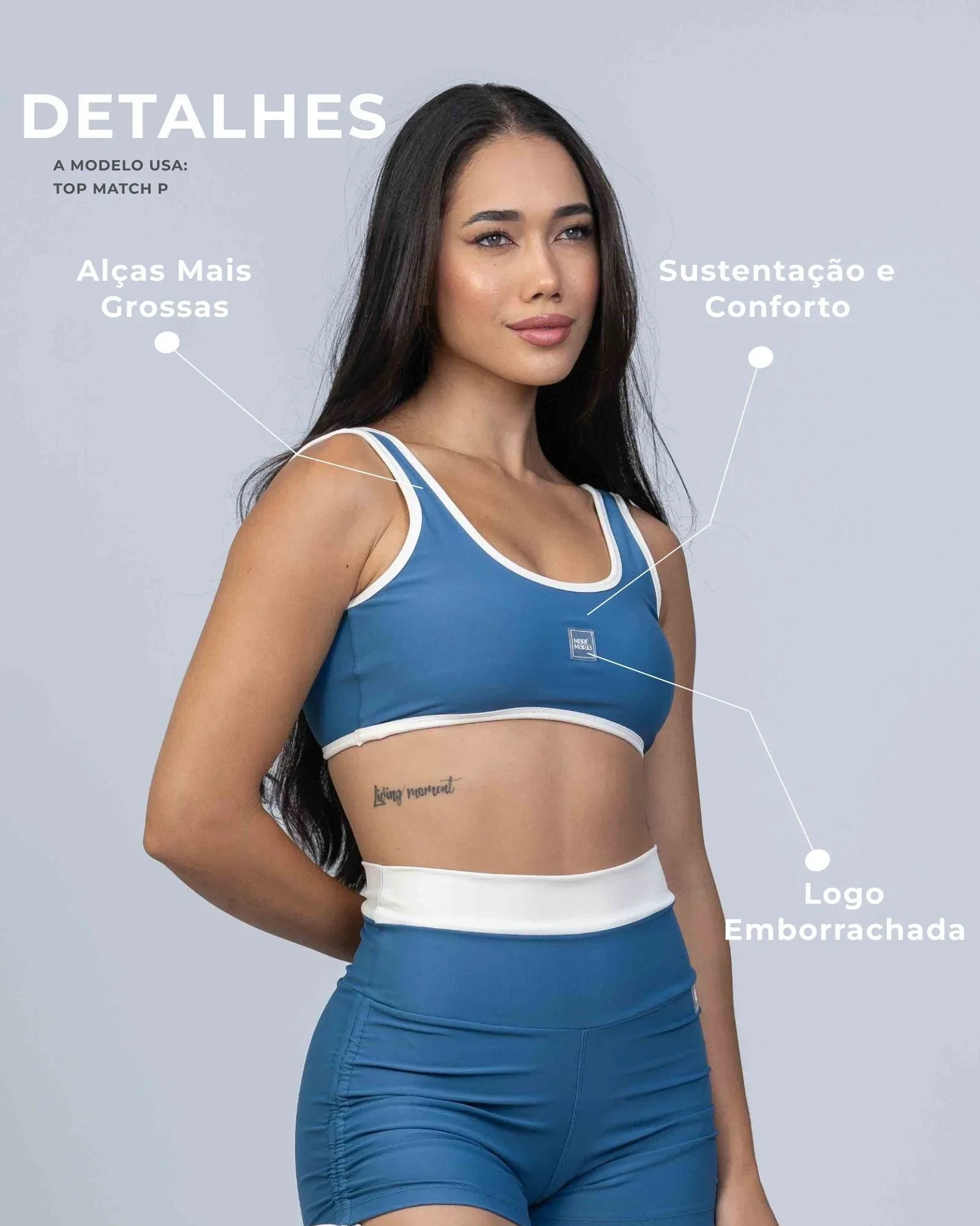 Top Basic Azul Sereia com Viés Off White compressão