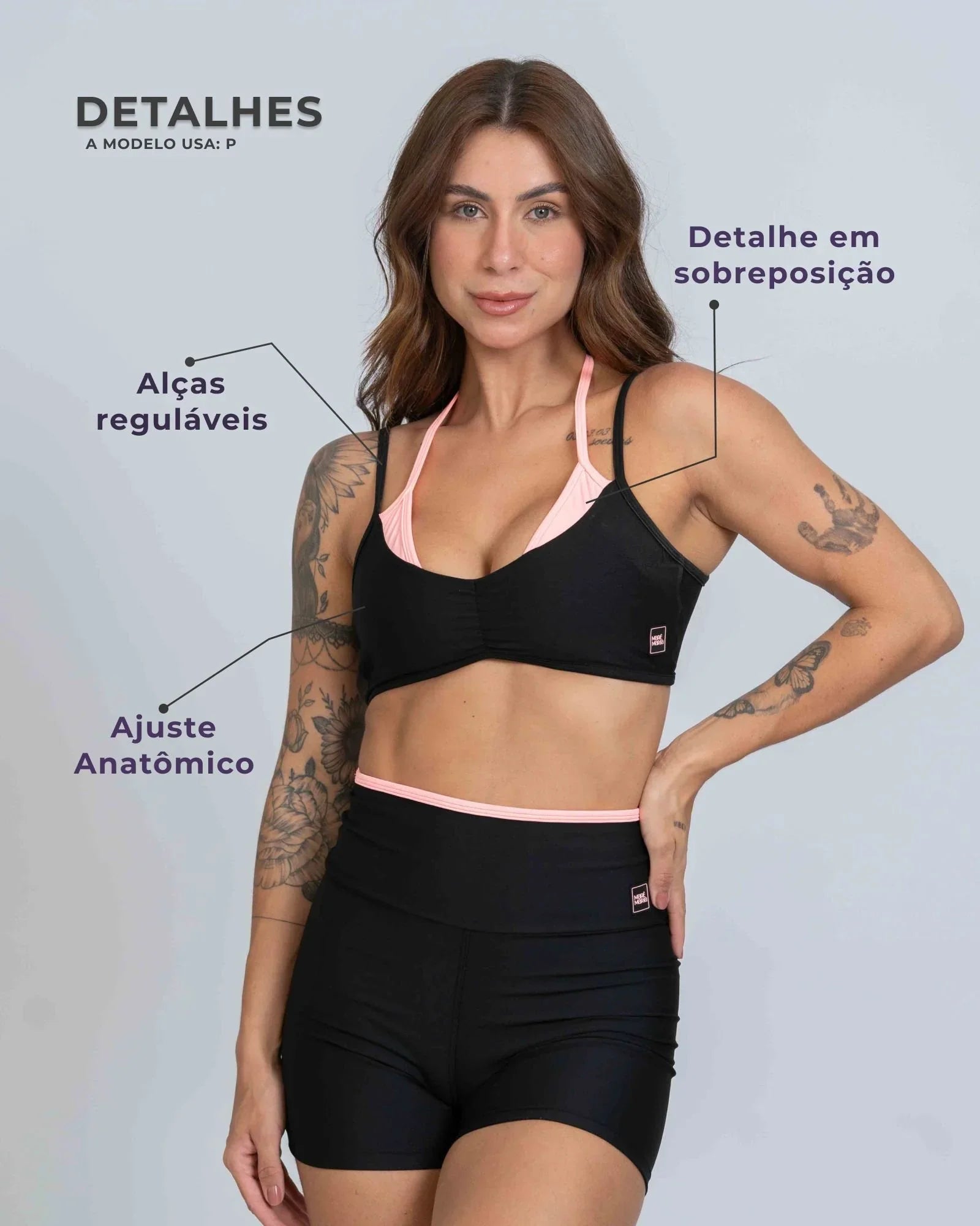 Top Fitness Fresh duo Sobreposição Super Black com Coral