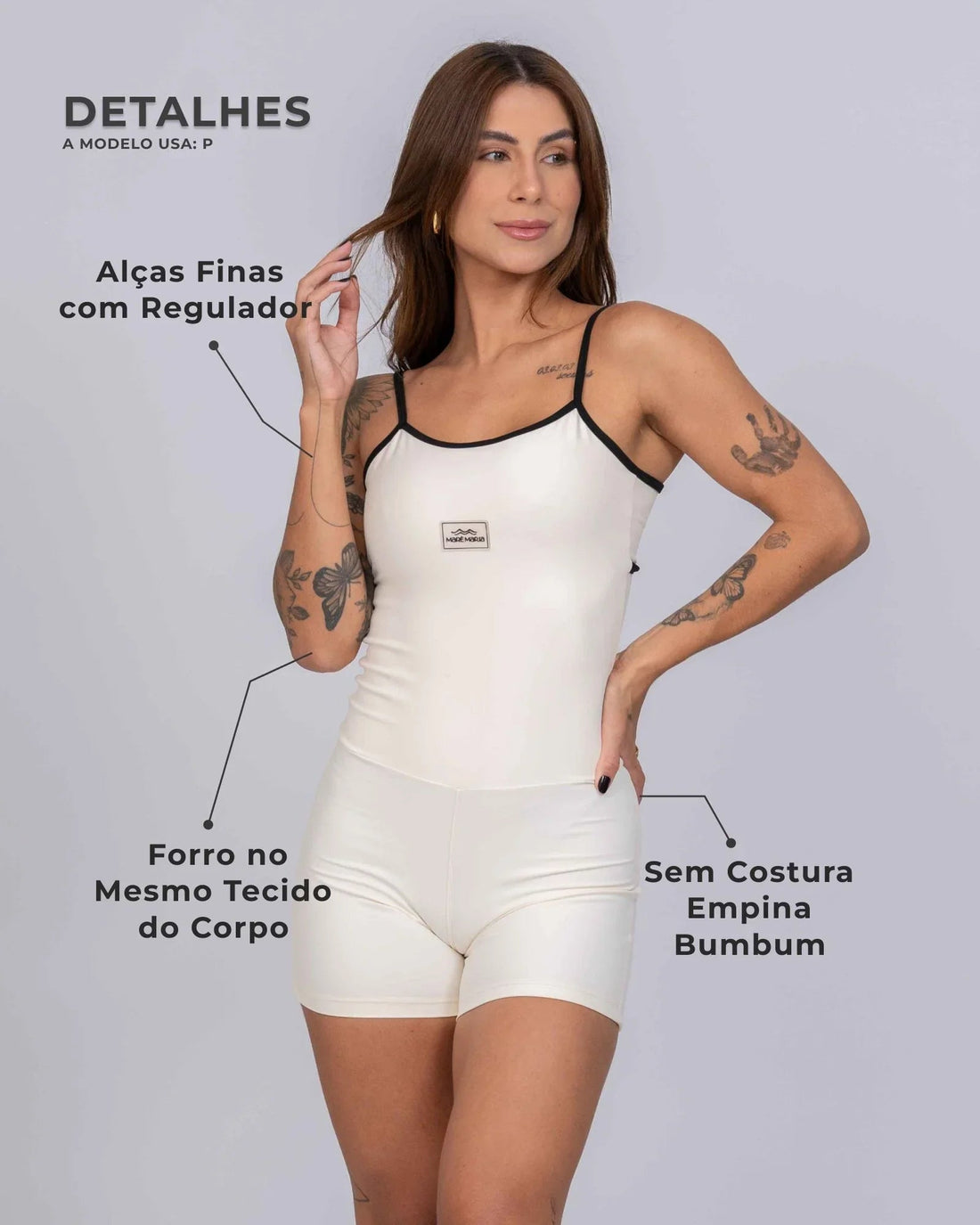 Macaquinho Fitness Mood Off White com Super Black compressão