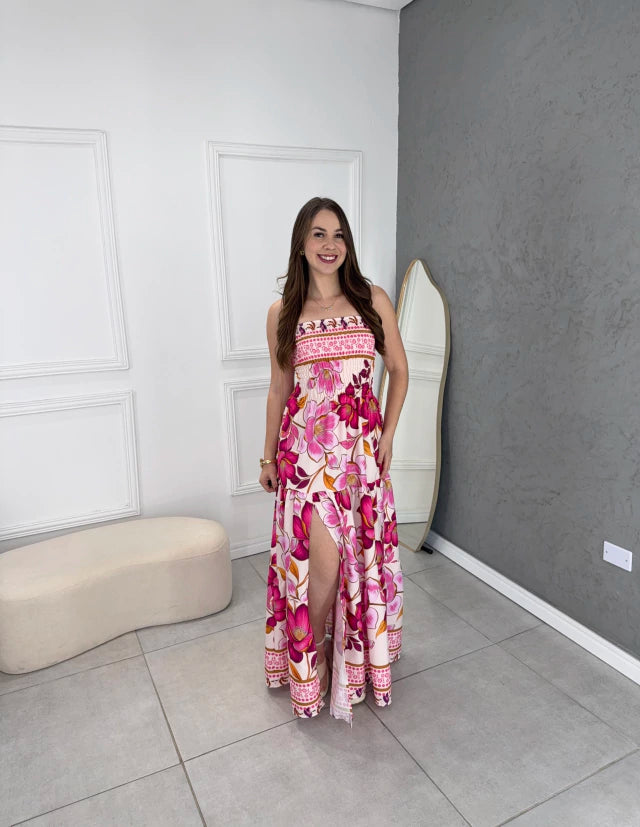 Vestido longo fenda tropical