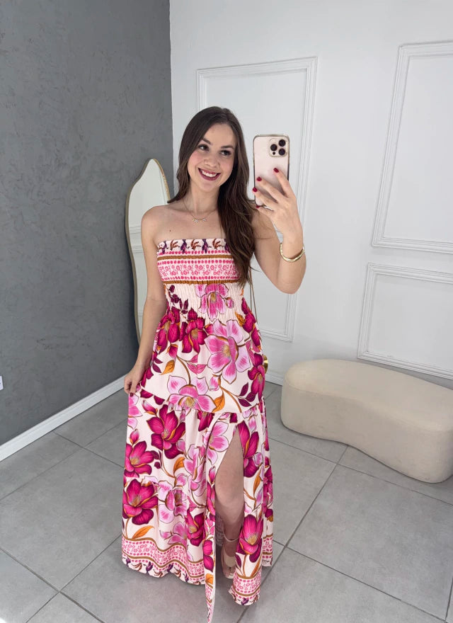 Vestido longo fenda tropical