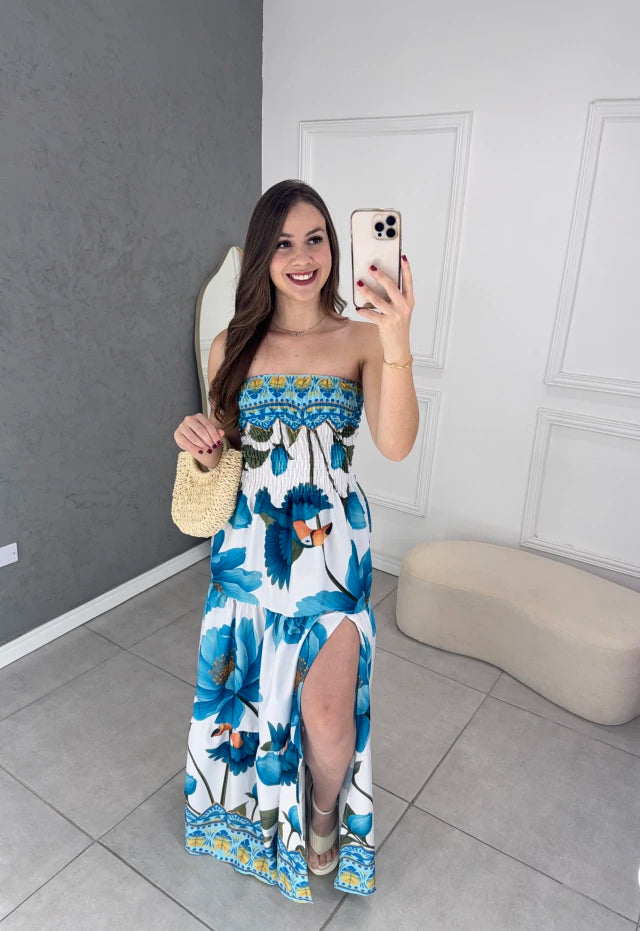 Vestido longo fenda tropical