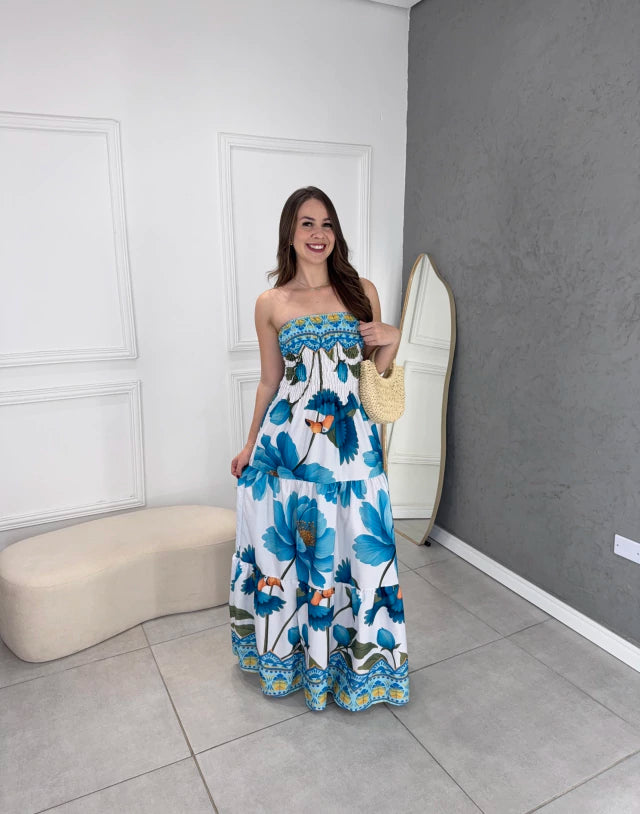 Vestido longo fenda tropical