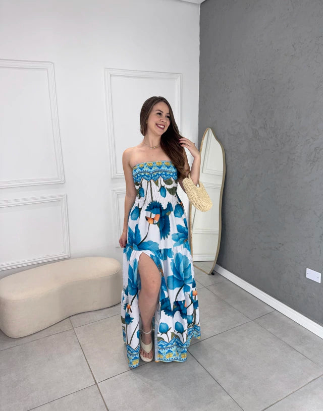 Vestido longo fenda tropical
