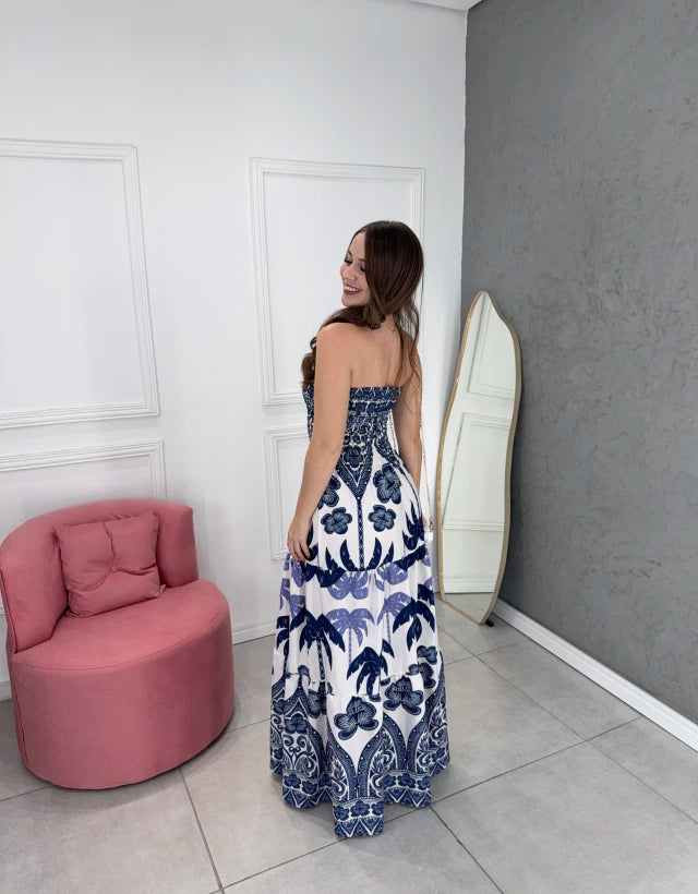 Vestido longo fenda tropical