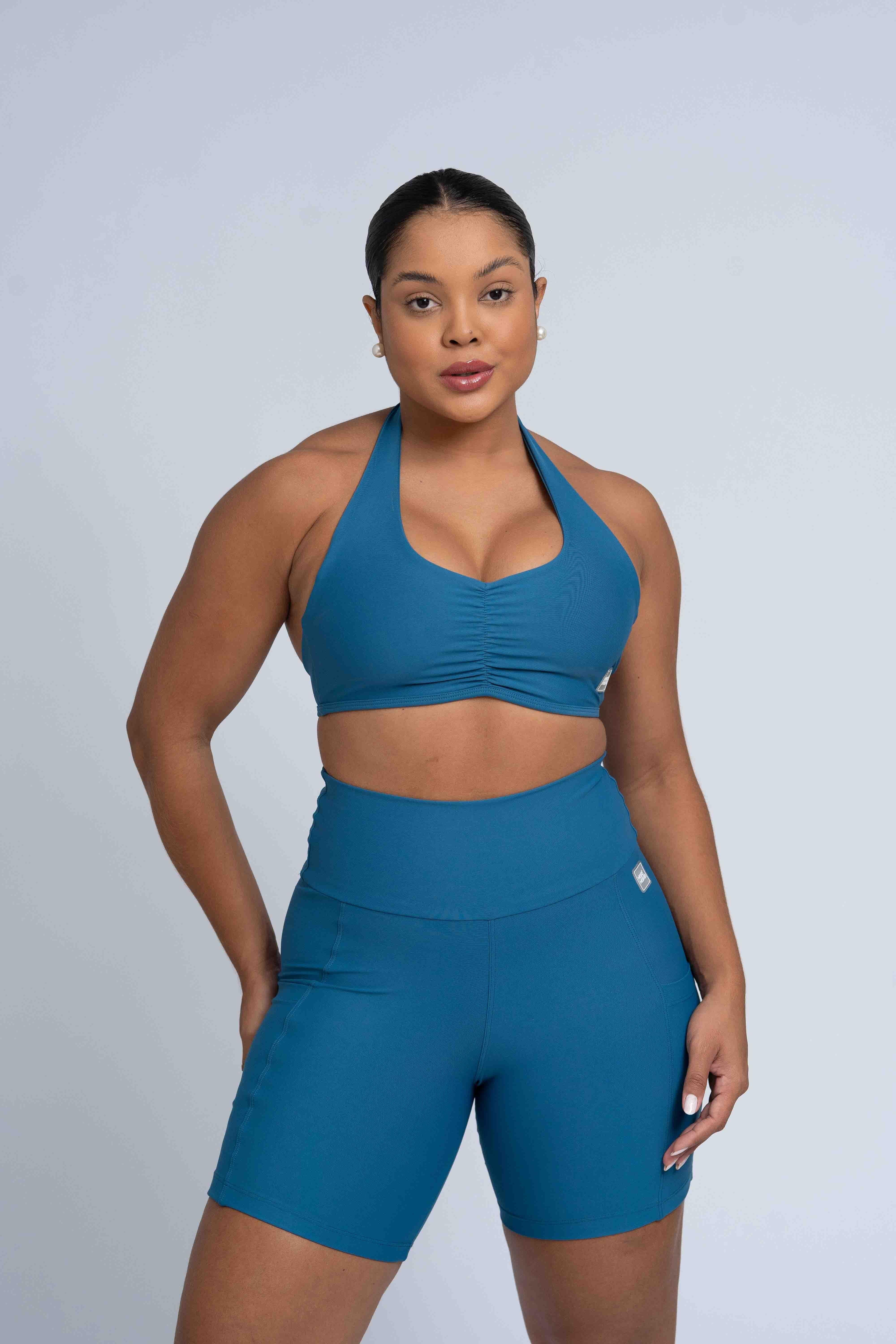 Short Fitness Bike Azul Sereia compressão S/empina bumbum