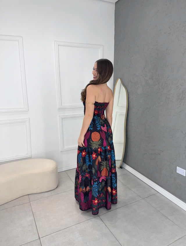 Vestido longo fenda tropical