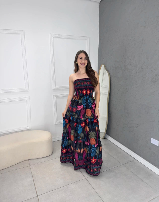 Vestido longo fenda tropical